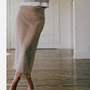 NEW Zara Beaded Sequin Midi Skirt Cream Tan Color Size S